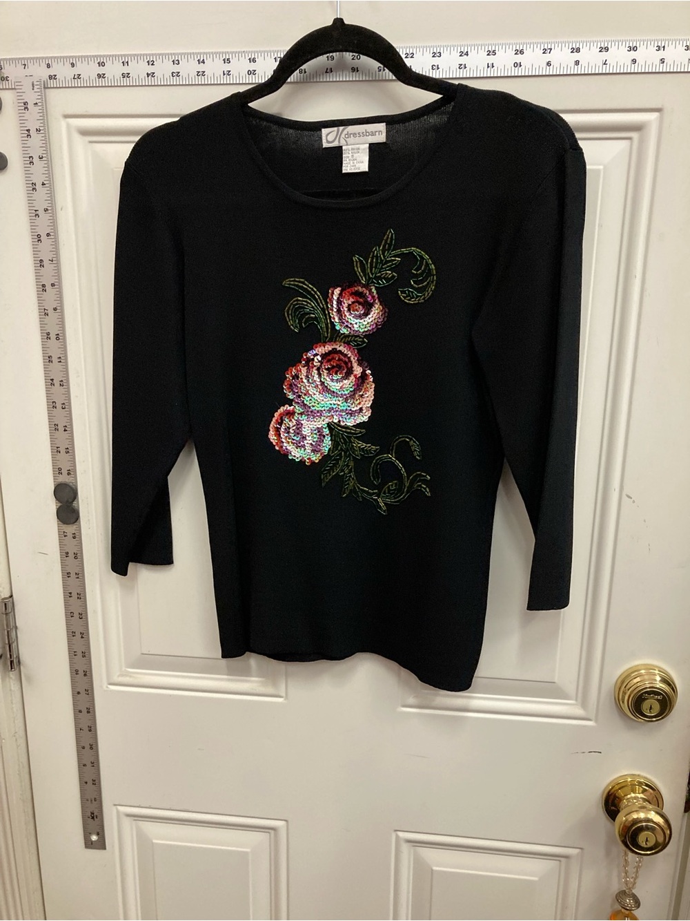 Black Long-Sleeve Top with Iridescent Sequin Rose Motif